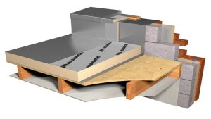 Pitched warm roof build up showing over rafter insulation, vapour control layer and structural timber rafters for energy efficient roofing in Ireland
