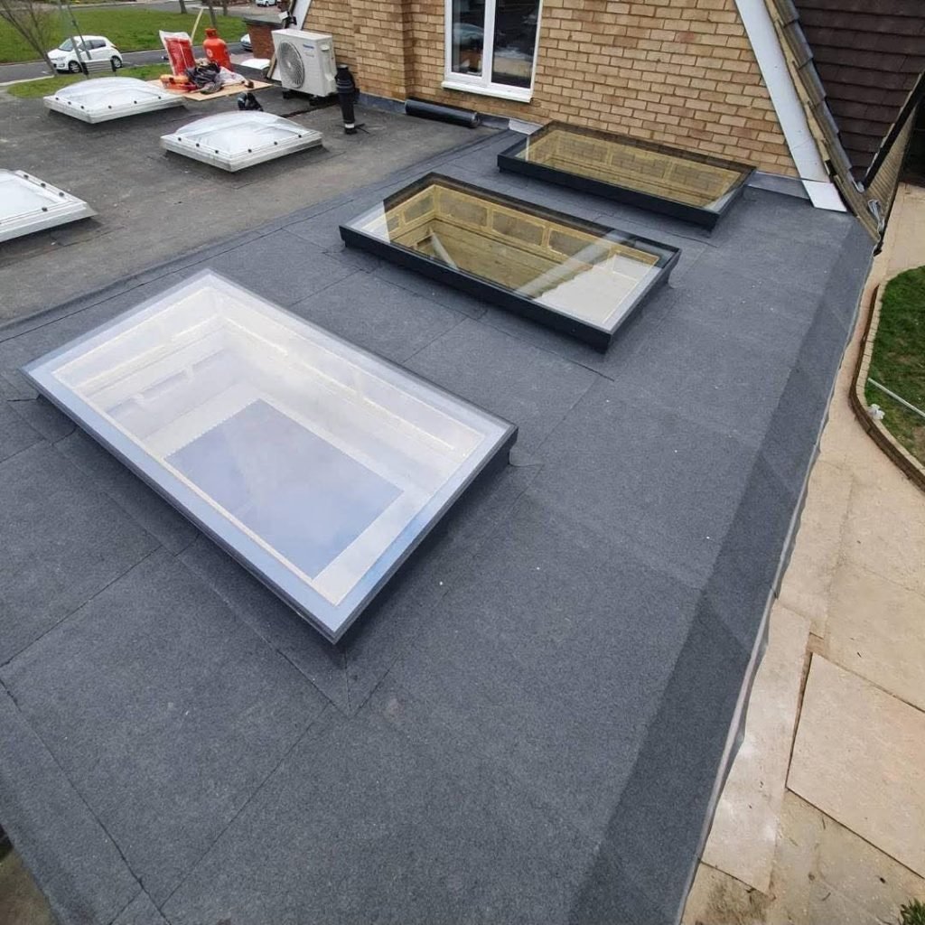 New Flat Roof Ennis showing professionally installed underlay and hot torch-on felt roofing system